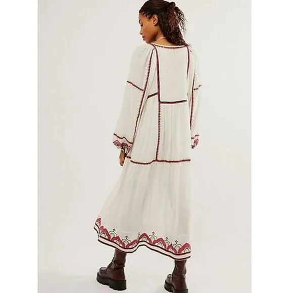 New FREE PEOPLE Sweet Escape Midi Dress $198 MEDIUM Ivory Boho Embroidered