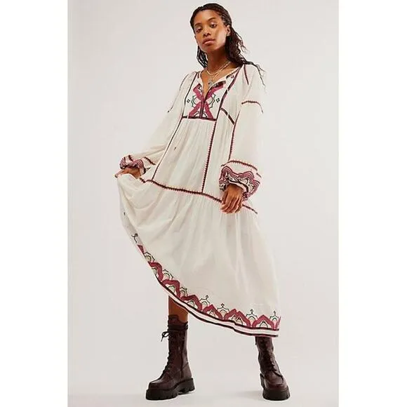 New FREE PEOPLE Sweet Escape Midi Dress $198 MEDIUM Ivory Boho Embroidered