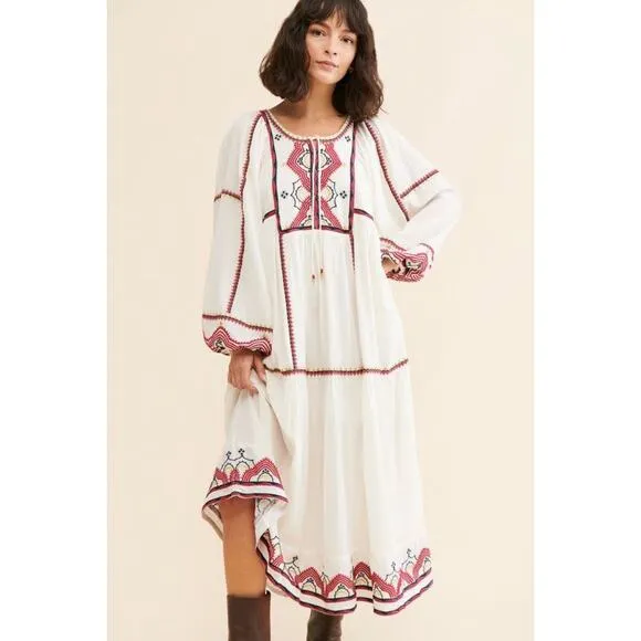 New FREE PEOPLE Sweet Escape Midi Dress $198 MEDIUM Ivory Boho Embroidered