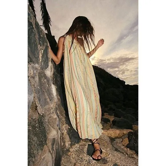 NEW Free People Tova Maxi Dress in Natural Boho Stripe One Shoulder Size Small