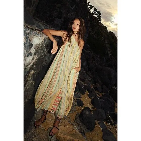 NEW Free People Tova Maxi Dress in Natural Boho Stripe One Shoulder Size Small