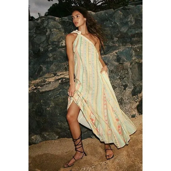 NEW Free People Tova Maxi Dress in Natural Boho Stripe One Shoulder Size Small