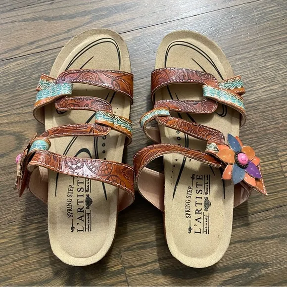 New L’Artiste Spring Step MABEL Leather Sandals EU 35 Artsy Boho Hand Painted