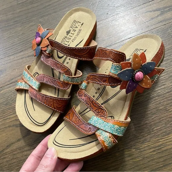 New L’Artiste Spring Step MABEL Leather Sandals EU 35 Artsy Boho Hand Painted
