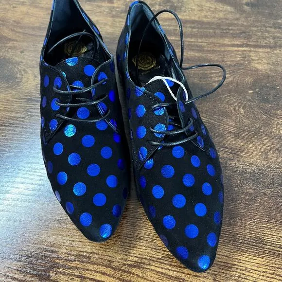 NEW Lisa C Bijoux Shoes 6 Black Blue Polka Dot Metallic Lace Up Almond Toe Retro