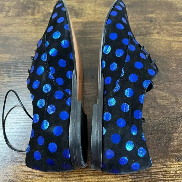NEW Lisa C Bijoux Shoes 6 Black Blue Polka Dot Metallic Lace Up Almond Toe Retro