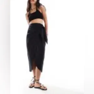 New! Mango Wrap Front Linen Skirt Black 45304