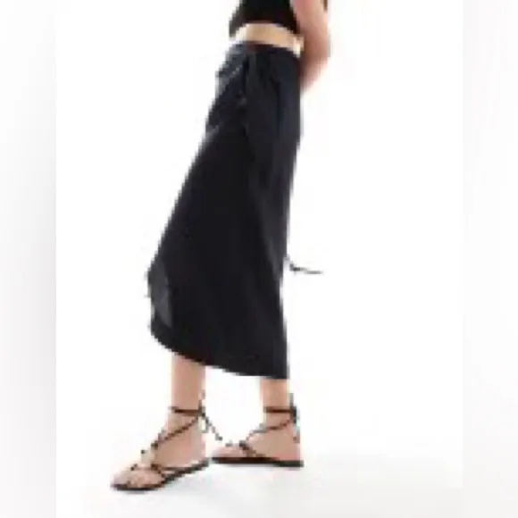 New! Mango Wrap Front Linen Skirt Black 45304