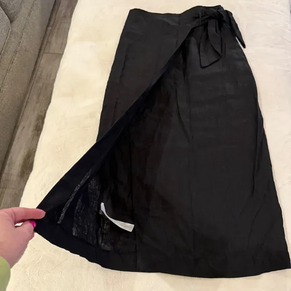 New! Mango Wrap Front Linen Skirt Black 45304