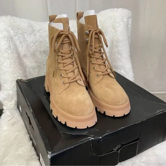NEW Marc Fisher Mllucien Tan Suede Leather Lug Sole Lace Up Combat Boot Size 6