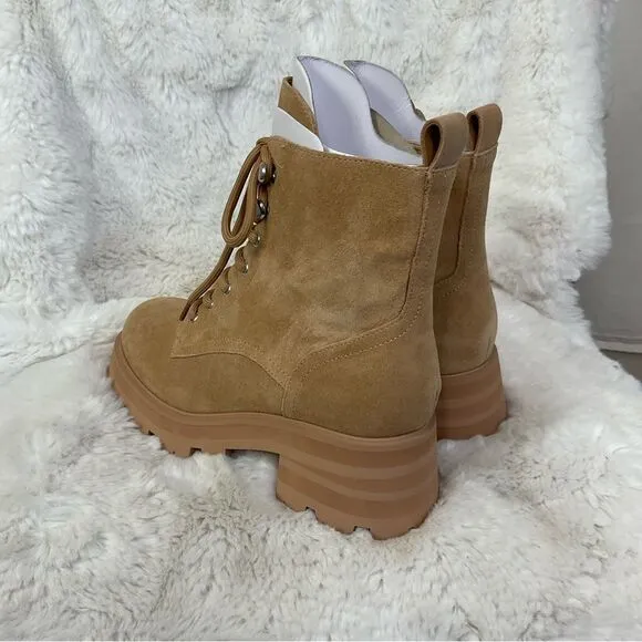 NEW Marc Fisher Mllucien Tan Suede Leather Lug Sole Lace Up Combat Boot Size 6