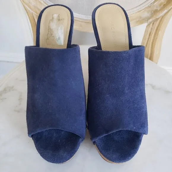 NEW Marc Fisher Nautical Sailor Blue Suede Stud Cork Platform Wedge Sandal Sz 9