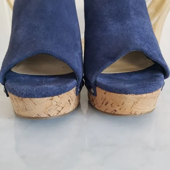 NEW Marc Fisher Nautical Sailor Blue Suede Stud Cork Platform Wedge Sandal Sz 9
