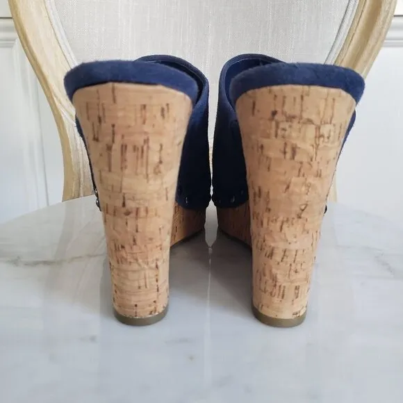 NEW Marc Fisher Nautical Sailor Blue Suede Stud Cork Platform Wedge Sandal Sz 9