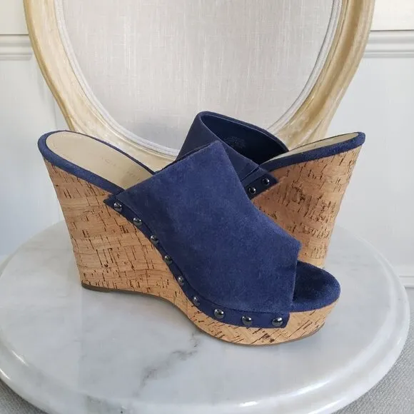NEW Marc Fisher Nautical Sailor Blue Suede Stud Cork Platform Wedge Sandal Sz 9