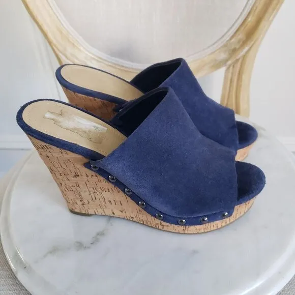 NEW Marc Fisher Nautical Sailor Blue Suede Stud Cork Platform Wedge Sandal Sz 9