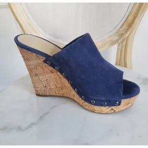 NEW Marc Fisher Nautical Sailor Blue Suede Stud Cork Platform Wedge Sandal Sz 9