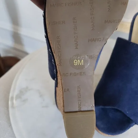 NEW Marc Fisher Nautical Sailor Blue Suede Stud Cork Platform Wedge Sandal Sz 9