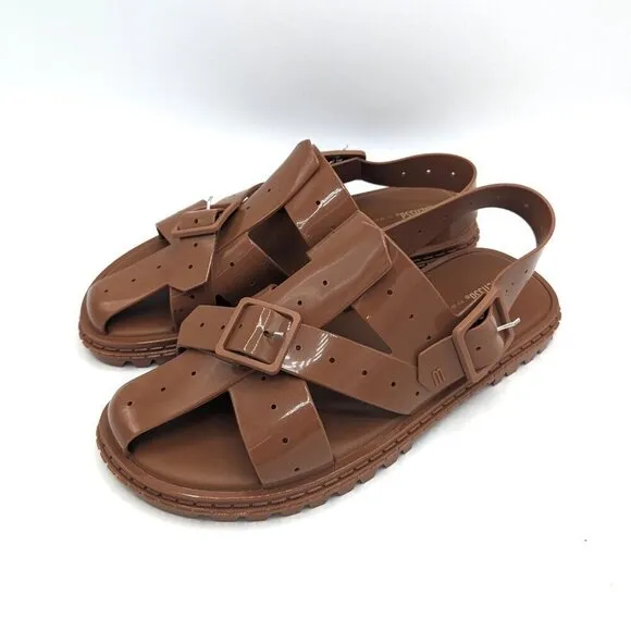 NEW Melissa Women LOCK Sandals Jelly Gel Chunky Shoes Brown Size 12 (44) Comfort