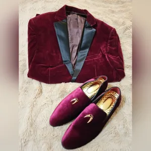 NEW MEN BURGUNDY VELVET SLIM FIT BLAZER SIZE 2XL &amp; SIZE 10.5 NEW SHOES