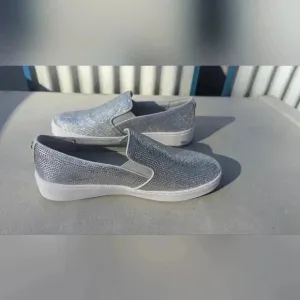 New Michael Kors Keaton Slip On Sneaker Hot Fix Stone MK Logo Light Slate
