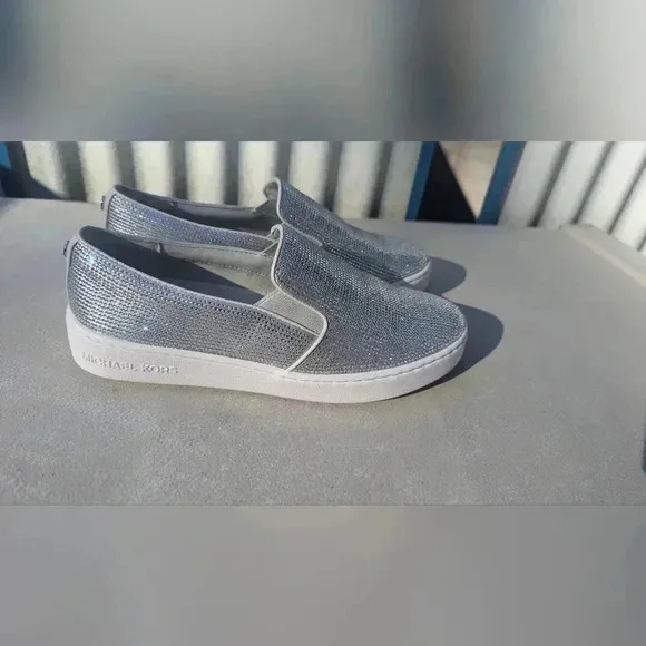 New Michael Kors Keaton Slip On Sneaker Hot Fix Stone MK Logo Light Slate