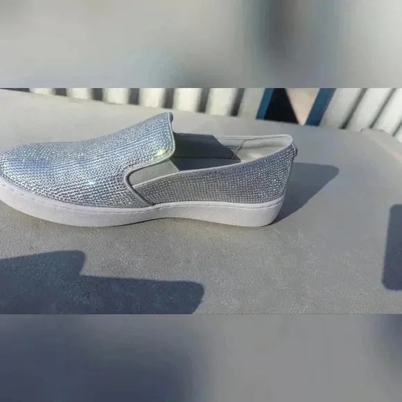 New Michael Kors Keaton Slip On Sneaker Hot Fix Stone MK Logo Light Slate