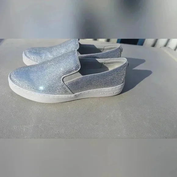 New Michael Kors Keaton Slip On Sneaker Hot Fix Stone MK Logo Light Slate