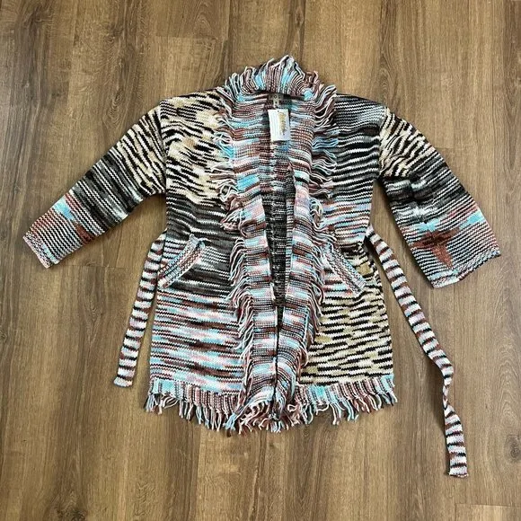 NEW POL Variegated Boho Belted Cardigan Sweater Jacket Sz S
