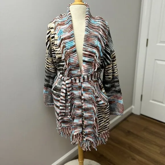 NEW POL Variegated Boho Belted Cardigan Sweater Jacket Sz S