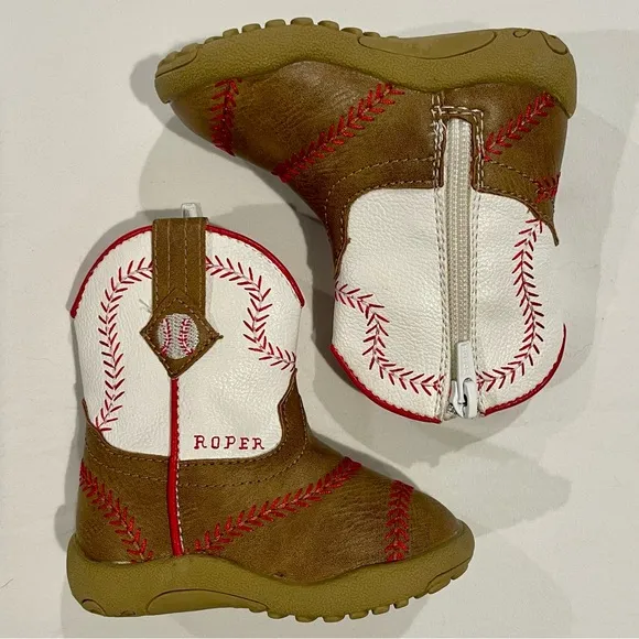 New Roper Cowbabies Baseball Boots Boys 4 Girls Tan White Red Stitching Western