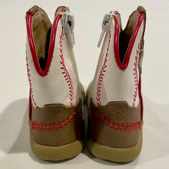 New Roper Cowbabies Baseball Boots Boys 4 Girls Tan White Red Stitching Western