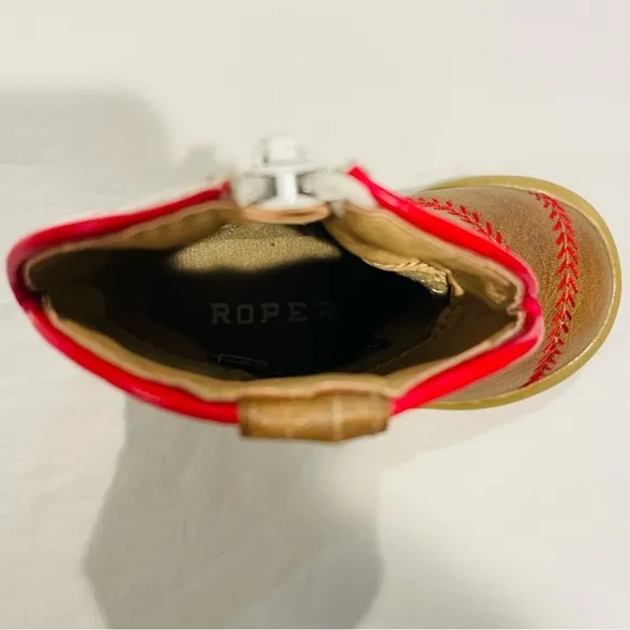 New Roper Cowbabies Baseball Boots Boys 4 Girls Tan White Red Stitching Western