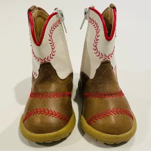 New Roper Cowbabies Baseball Boots Boys 4 Girls Tan White Red Stitching Western