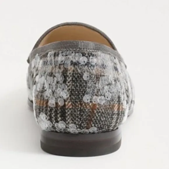 New Sam Edelman Gray &amp; Beige Plaid Sequin Loafers Women's Size 7.5M