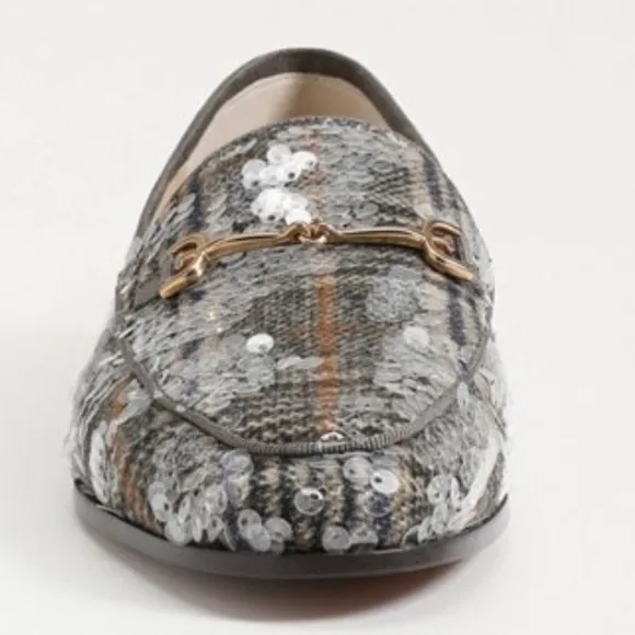 New Sam Edelman Gray &amp; Beige Plaid Sequin Loafers Women's Size 7.5M