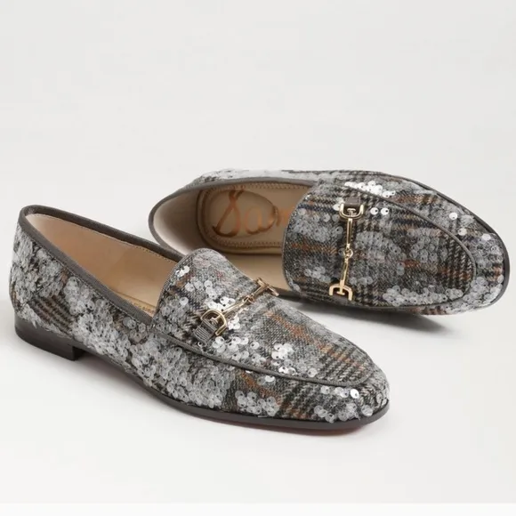 New Sam Edelman Gray &amp; Beige Plaid Sequin Loafers Women's Size 7.5M