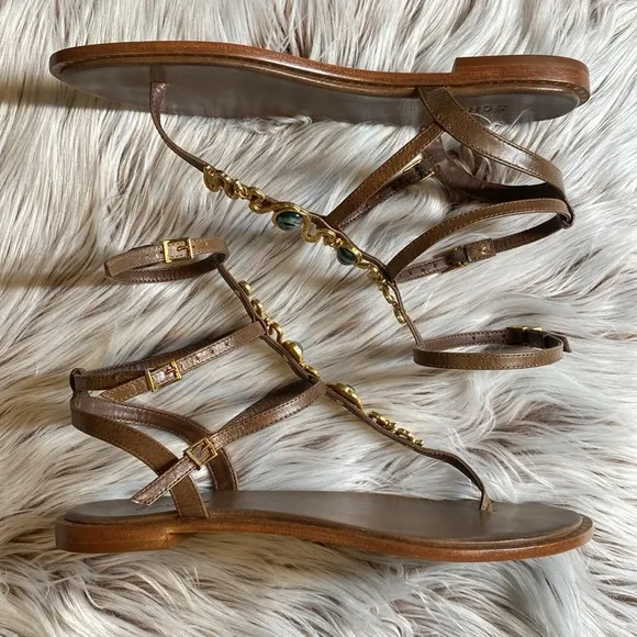 NEW Schutz Malie New Cream Tostado Leather Gold Snake Gladiator Sandals 11 B