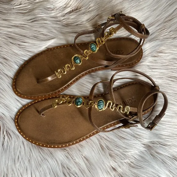 NEW Schutz Malie New Cream Tostado Leather Gold Snake Gladiator Sandals 11 B