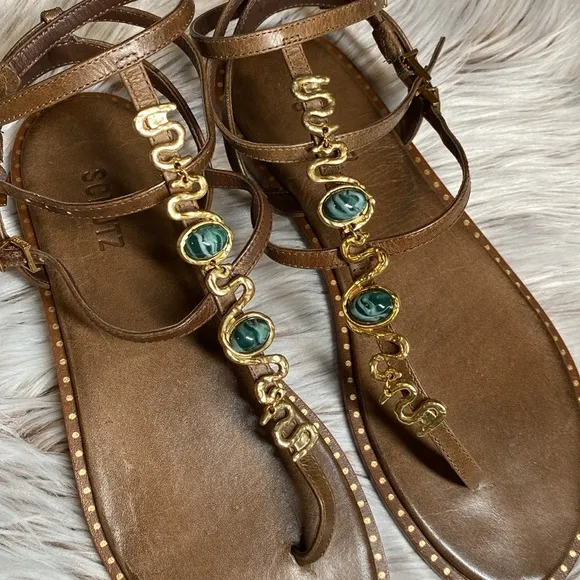 NEW Schutz Malie New Cream Tostado Leather Gold Snake Gladiator Sandals 11 B
