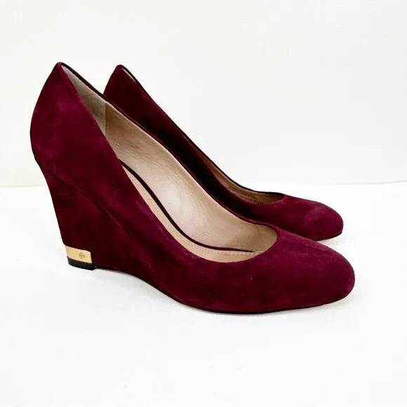 NEW Tory Burch Astoria Wedges Womens 8.5 Bordeaux Suede Leather Slip On Shoes