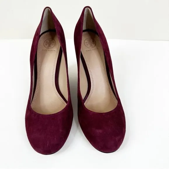 NEW Tory Burch Astoria Wedges Womens 8.5 Bordeaux Suede Leather Slip On Shoes