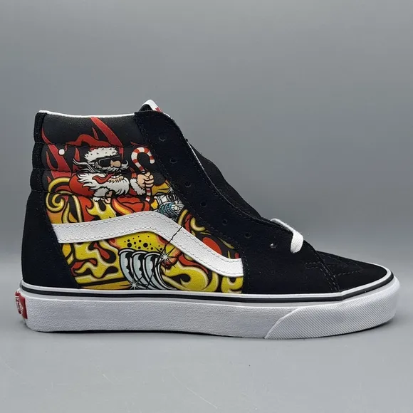 New Vans Sk8-Hi Top Santa Claus Flame Black Suede Christmas Shoes Men's Size 6