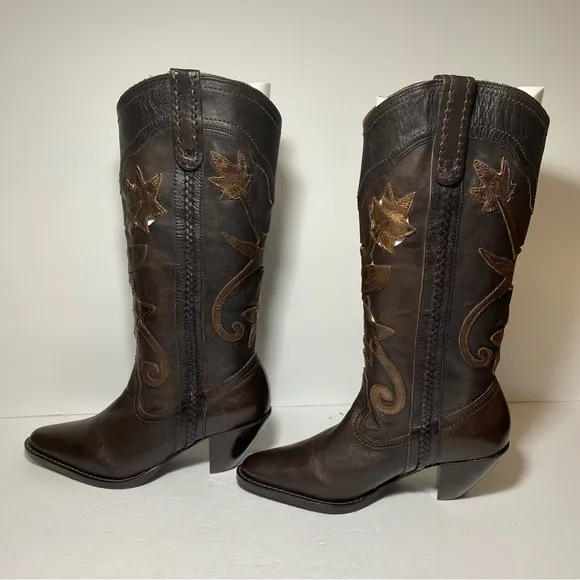 New White Mountain  Santa Fe Western Boots Brown Leather Cutout Flowers Size 7