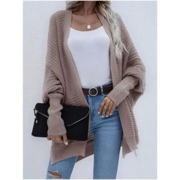 New Black Cozy Batwing Sleeve Knit Open Front Cardigan