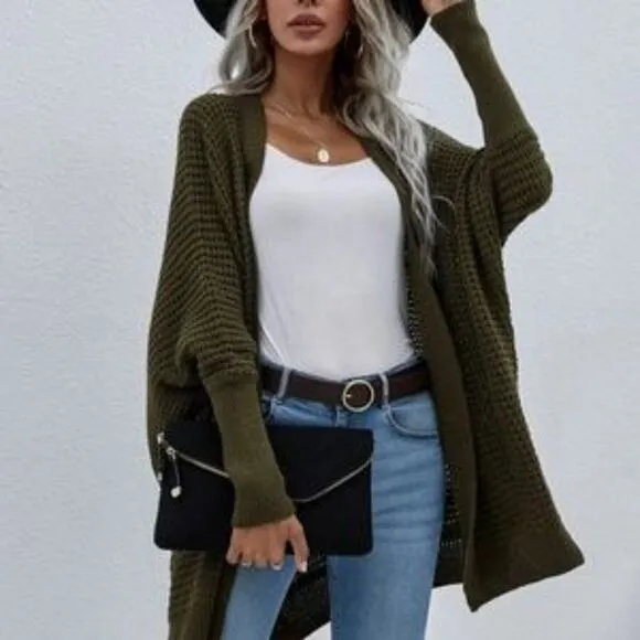 New Black Cozy Batwing Sleeve Knit Open Front Cardigan