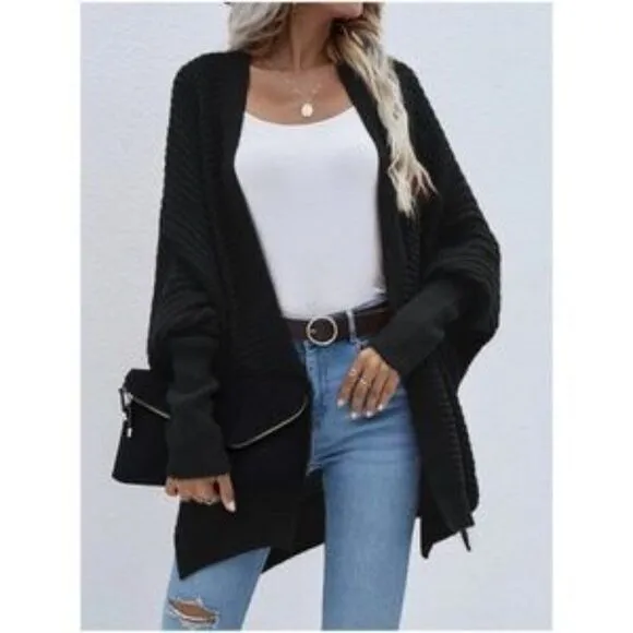 New Black Cozy Batwing Sleeve Knit Open Front Cardigan