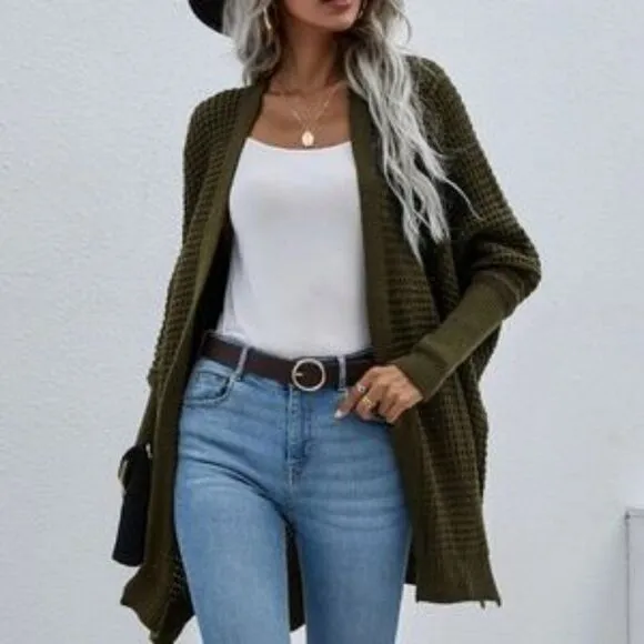 New Black Cozy Batwing Sleeve Knit Open Front Cardigan