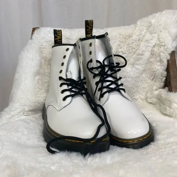 NEW Dr. Martens ZAVALA white patent leather lace up combat boots 10