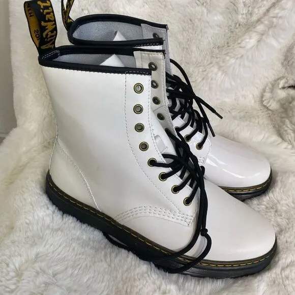 NEW Dr. Martens ZAVALA white patent leather lace up combat boots 10
